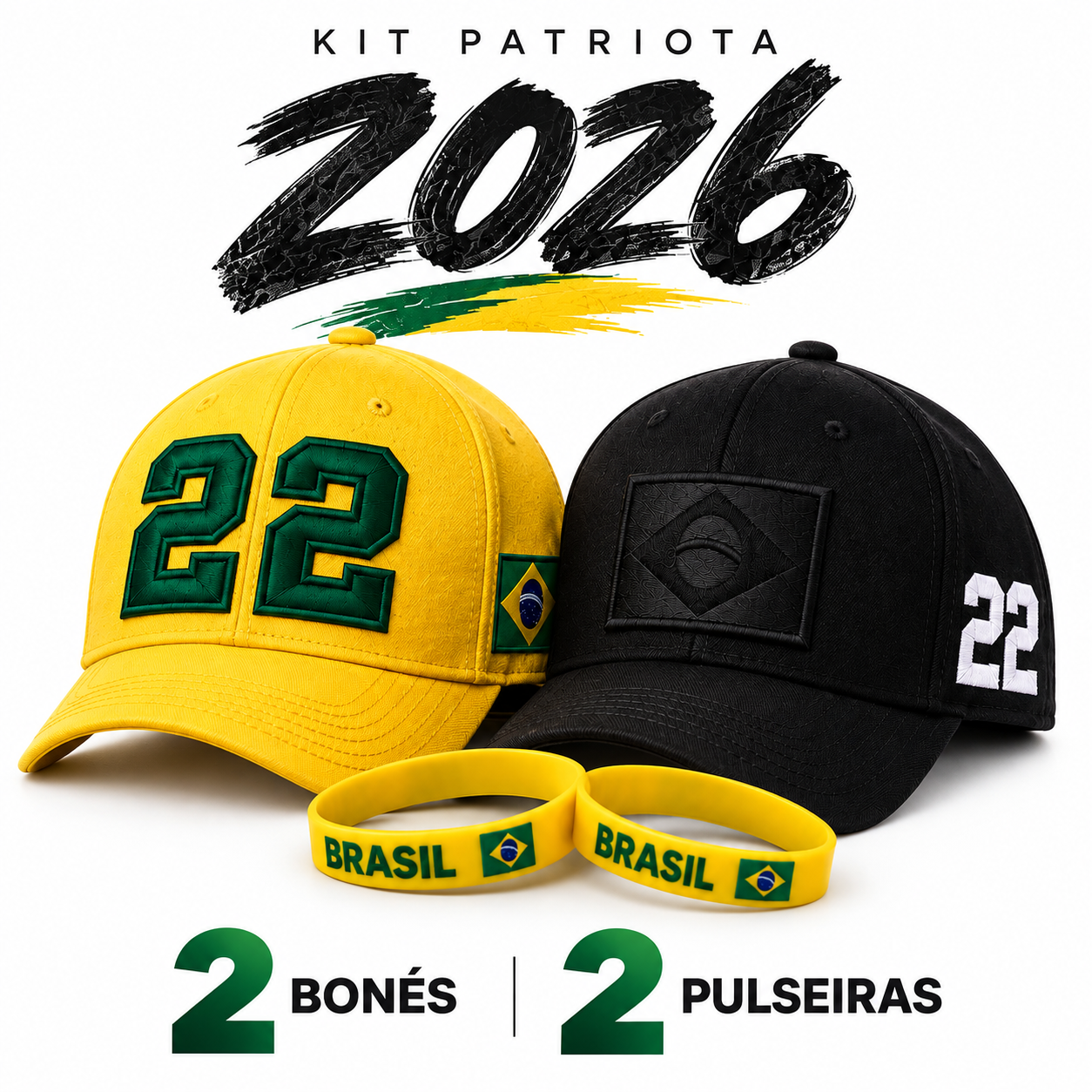 Kit Patriota 2026 - 2 Bonés + Pulseiras